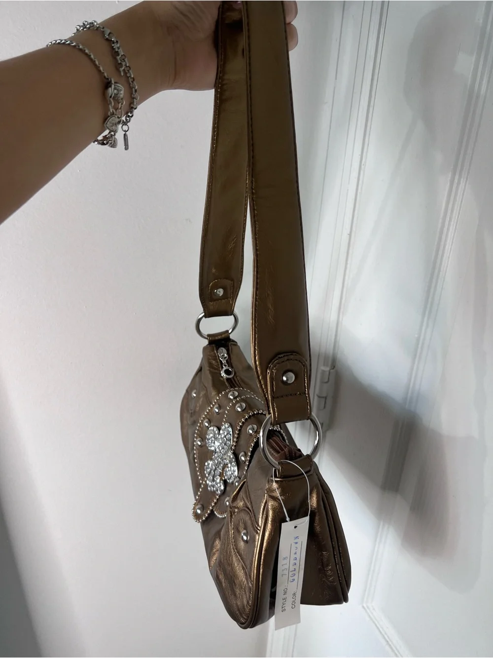 Fleur de Lis shoulder bag Metallic Bronze Shoulder Bag with Jeweled Fleur-de-Lis